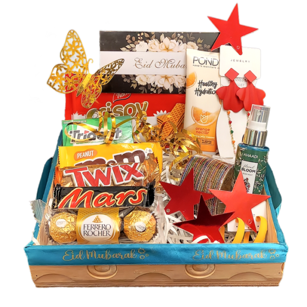 Eid Celebration Gift Box, containing delicious chocolates, jewelry accessories, decorative items and an Eid Mubarak Card
