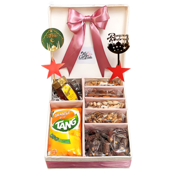 Dry fruits, pink basket, star stickers, ramadan merch, tang mango juice, decorative ribbons, pink box