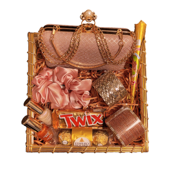 Eid gift basket for women containing, bangles, nail polish, a ladies hand bag, some chocolates, and exciting Eid accessories.