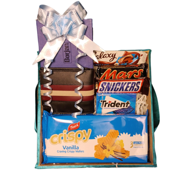 Eid Gift Basket for Men containing Mars, snickers, galaxy chocolate bars, crispy wafers, men's wallet.