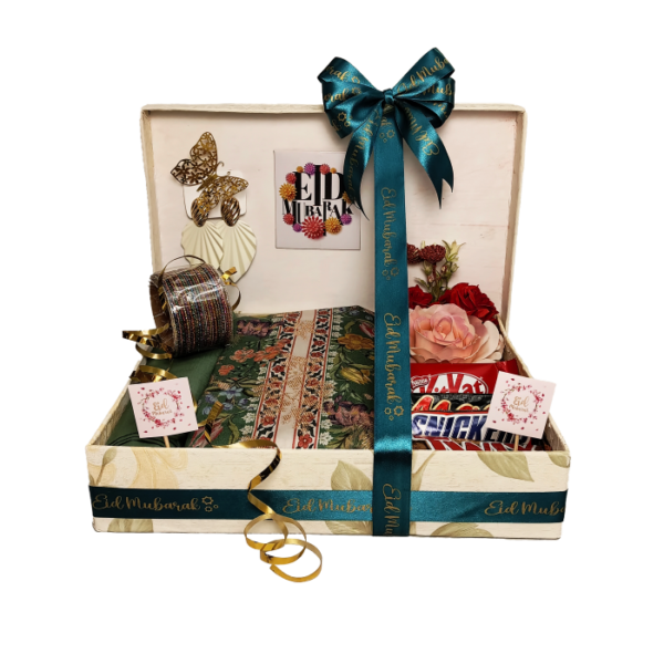 Eid Celebration Gift Box, containing delicious chocolates, ladies suit, jewelry accessories, decorative items and an Eid Mubarak Card