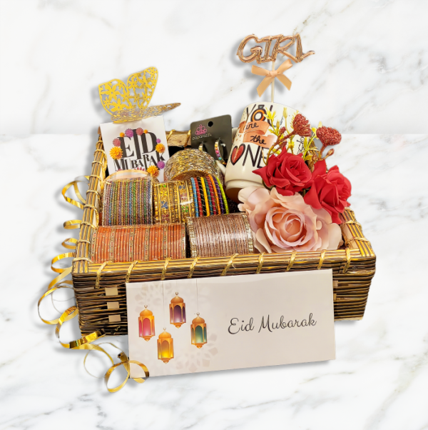 Eid delights basket containing 7 set of bangles, beautiful flowers, lovely painted coffee mug, and decorative items