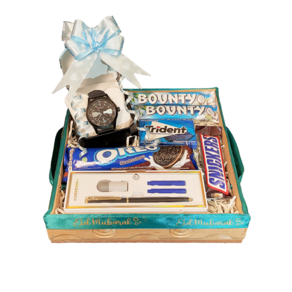 Eid Gift Box for Men, contains wrist watch, oreos, bounty chocolates, snickers chocolates, ballpoint pen set.