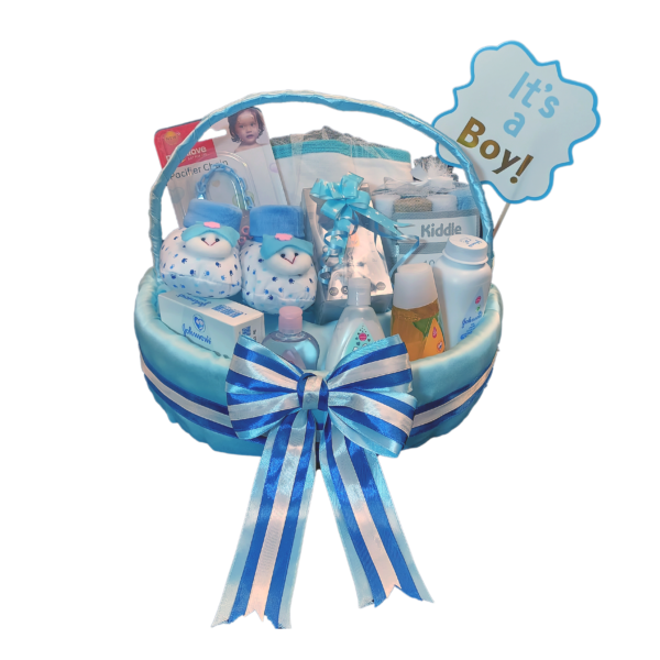Baby boy gift basket containing face towel, baby products, baby oil, baby lotion, johnson's baby products.